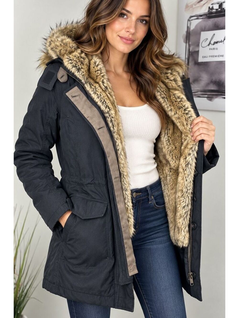 Abercrombie & Fitch Ultra 3-in-1 Parka Womens S Black Faux Fur Winter